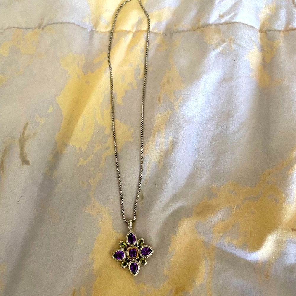 Peridot and amethyst pendant on silver chain